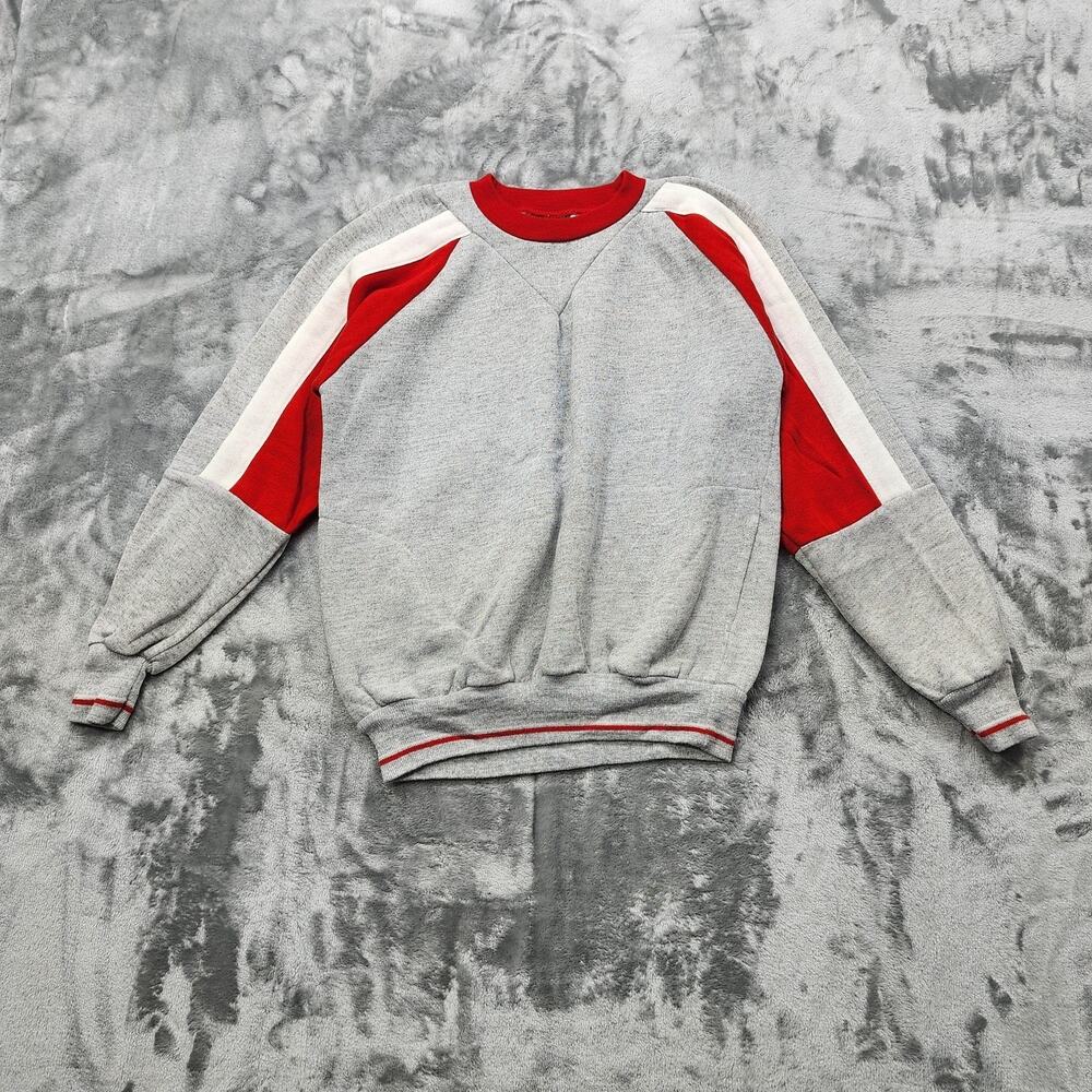 Vintage‎ 80s Line Up Sweatshirt Womens L Gray Red White Colorblock Crew Neck Mod